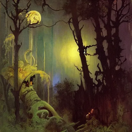 Prompt: enchanted forest at night, frank frazetta