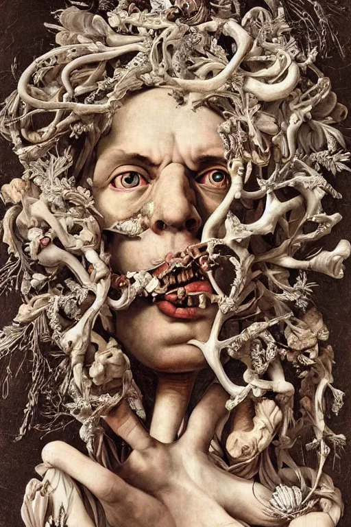 Image similar to Detailed maximalist portrait a greek god with large lips and with large white eyes, exasperated expression, botany bones, HD mixed media, 3D collage, highly detailed and intricate, surreal illustration in the style of Caravaggio, dark art, baroque