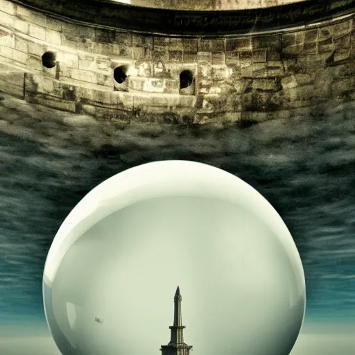 Prompt: a floating crystal ball full of surreal forgotten monuments