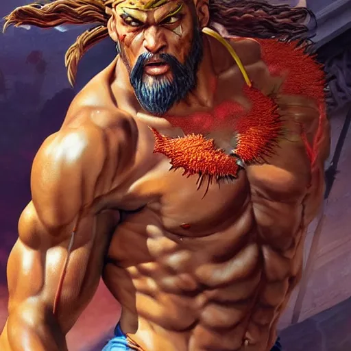 Image similar to jason momoa as dhalsim street fighter, ultra realistic, concept art, intricate details, highly detailed, photorealistic, octane render, 8 k, unreal engine, art by frank frazetta, simon bisley, brom