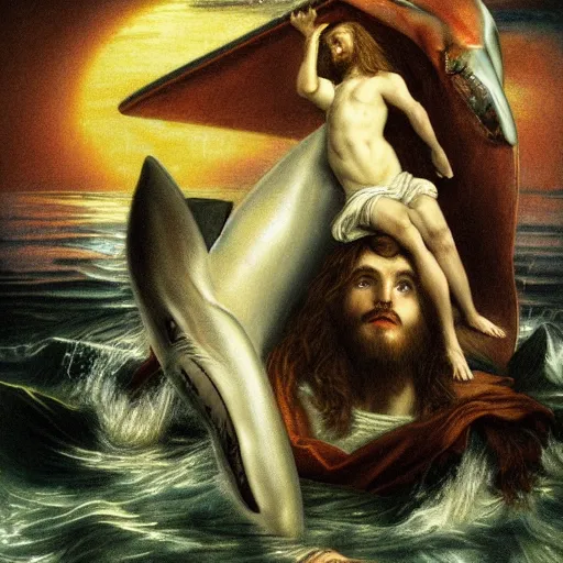 Prompt: Jesus Christ riding on a great white shark, detailed digital art, artstation, cgsociety, Art sacré, Religious art, by pre-raphaelite artist Dante Gabriel Rossetti