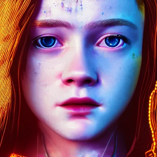 Prompt: Sadie Sink portrait, Cyberpunk 2077, ultra photorealistic, cybernetic body parts, neon, octane, bokeh, 8k