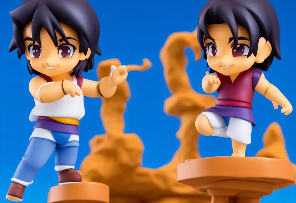 Image similar to side view of young aladdin as nendoroid running in desert village, 8 k hd dof, kodak film,