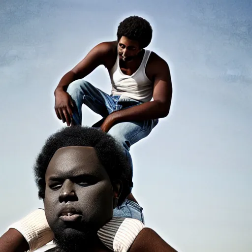 Image similar to a little black person rides on the shoulder's of a huge 7 ft tall 5 0 0 pound black man. hyperreal - h 6 4 0