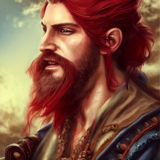 Prompt: rugged playful pirate, 3 0 years old, male, handsome, masculine, red hair, long hair, soft hair, fantasy, intricate, elegant, highly detailed, steampunk, airship, digital painting, artstation, concept art, character art, smooth, sharp focus, illustration, art by artgerm