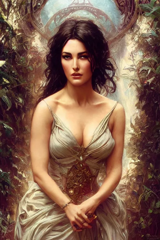 Image similar to young Monica Bellucci portrait, fantasy, elegant, intricate, cinematic lighting, by Stanley Artgerm Lau, greg rutkowski, thomas kindkade, alphonse mucha, loish, norman Rockwell