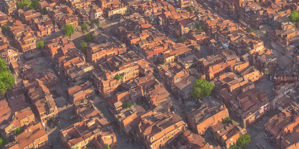 Prompt: Matte painting of a fantasy town with narrow streets, red brick rooves with chimneys and smoke, aerial perspective colorful marketplace