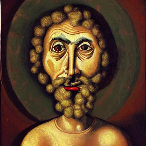 Image similar to portrait of ancient silly greek man with big eyes and sharp nose and open mouth. fine detail. artistic painting by lurid