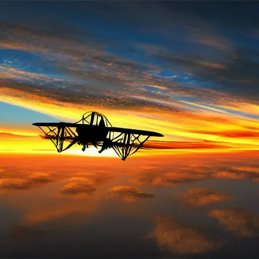 Image similar to a biplane with tons of wings stacked high flying through golden clouds at sunset, symmetrical, 4 k, art station, digital art