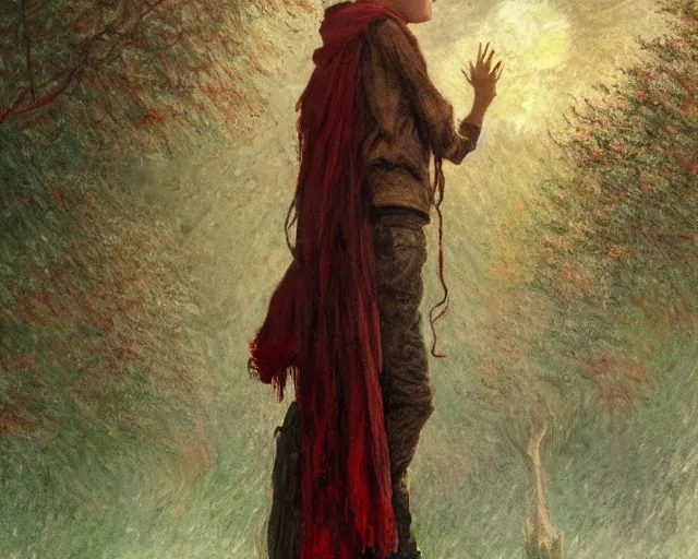 Image similar to a young boy with a red scarf, medium long brown hair, green eyes, is looking at a bird, ethereal, horror, fantasy art by greg rutkowski and magali villeneuve and claude monet