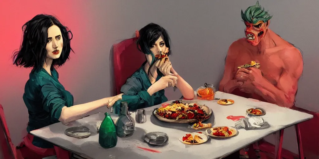 Image similar to cartoonish eva green eating dinner, vivid colors, character sheet, fine details, concept design, contrast, kim jung gi, greg rutkowski, trending on artstation, 8 k, full body, turnaround, front view, back view, ultra wide angle