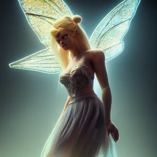 Image similar to full body pose, hyperrealistic photograph of evil tinkerbell, dim volumetric lighting, 8 k, octane beautifully detailed render, extremely hyper detailed, intricate, epic composition, cinematic lighting, masterpiece, trending on artstation, very very detailed, stunning, hdr, smooth, sharp focus, high resolution, award, winning photo, dslr, 5 0 mm