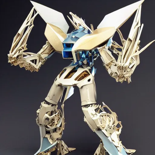 Prompt: shark mobile suit shark mecha sapphire mechanical exoskeleton wearing hardsurface armour, inlaid with gold rococo, bladed wings lace wear, sculpted spider zero, frank gehry, stephan martiniere, missle turrets, hyper detailed, custom mecha # frank gehry # spider zero