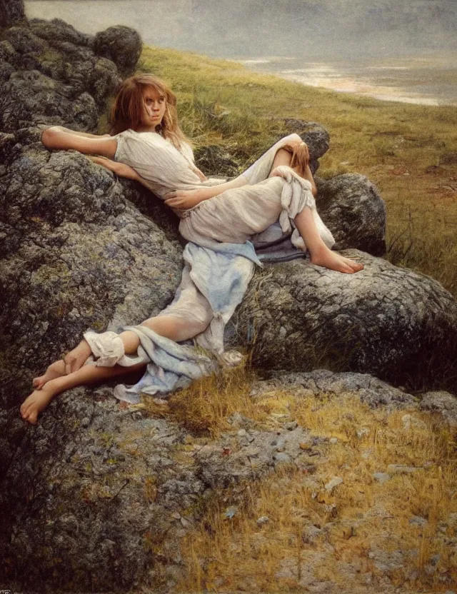 Image similar to peasant barefoot girl with long blowing windy hair sitting on the edge of rock, cottage core, cinematic focus, polaroid photo bleached vintage pastel colors high - key lighting, soft lights, foggy, by steve hanks, by lisa yuskavage, by serov valentin, by tarkovsky, 8 k render, detailed, oil on canvas