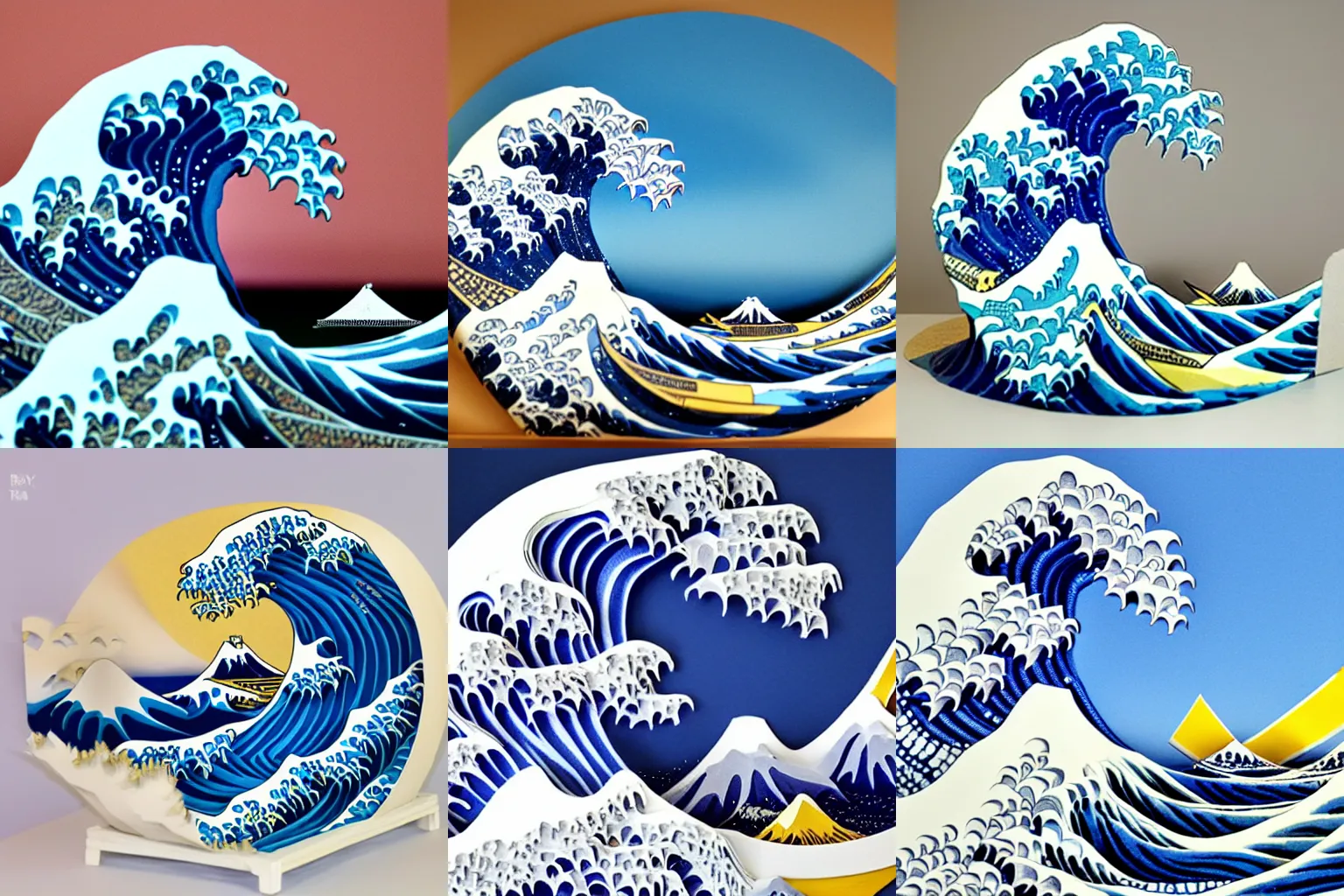 Prompt: Papercraft sculpture of The Great Wave off Kanagawa