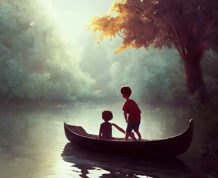 Image similar to a boy and a girl paid sitting together romantically on a long rowboat, girl is leaning on boy’s shoulder. Ripples, trees, shady, atmospheric lighting, details, sharp focus, illustration, by Jordan Grimmer and greg rutkowski, Trending artstation, pixiv, digital art