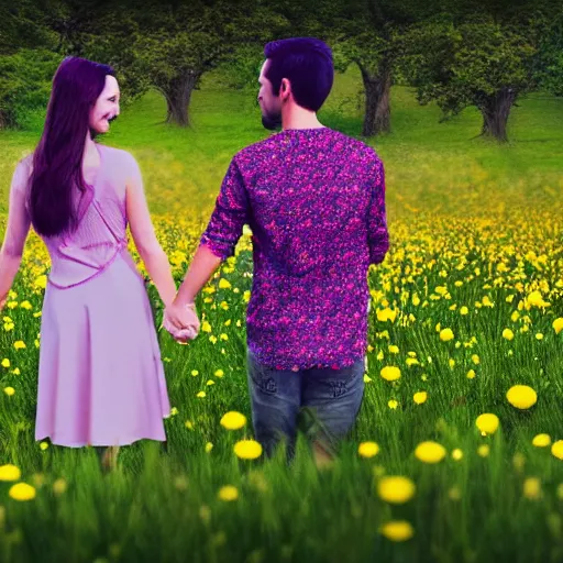 Image similar to a couple holding hands in a field of flowers, symmetrical face, beautiful, vfx, photo realistic, 8 k, aesthetic