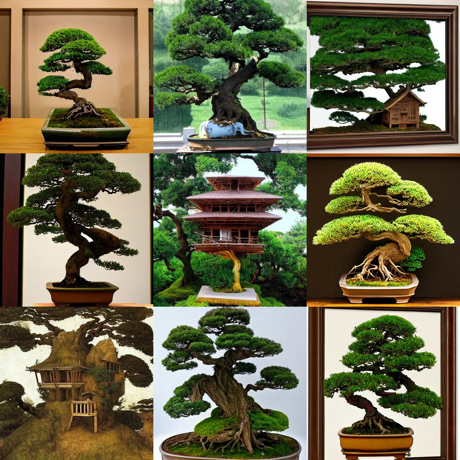 Prompt: Bonsai tree house, by Leonardo da Vinci