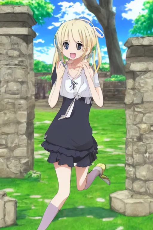 Prompt: a very cute art of a smiling blonde anime girl idol walking at the garden, mouth open, cheeky, in the style of anime, near a stone gate