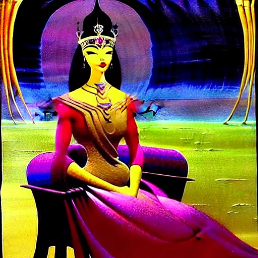 Image similar to a beautiful painting of a queen in a designer dress sitting on a throne, by bruce pennington, by eyvind earle, nicholas roerich, by frank frazetta, by georgia o keeffe, by dean cornwell, highly detailed, contest winner, eerie, ominous, tonalism, jewels, rich baghdad, oriental, desaturated, anime