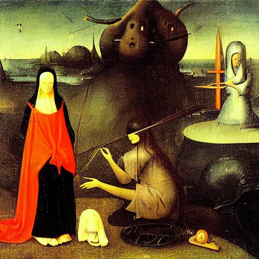 Prompt: surreal oil painting of a woman being hypnotized by Hieronymus Bosch