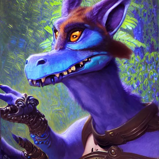 Image similar to a portrait of a female blue dinosaur wearing ornate plastic armor at night in a dark forest. zootopia fursona furaffinity furry art detailed face painting by gaston bussiere craig mullins jc leyendecker gustav klimt artgerm greg rutkowski furry