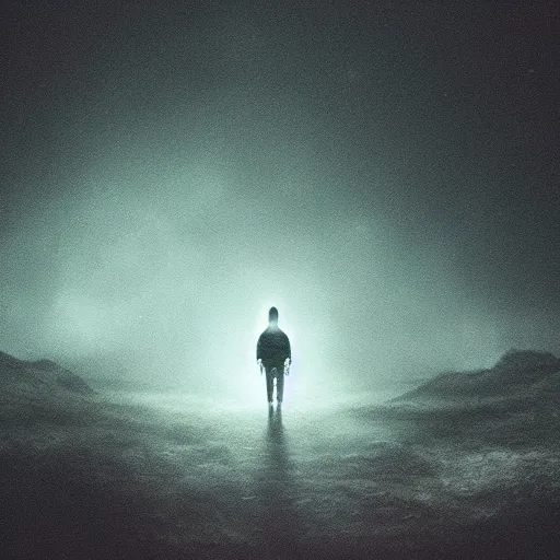 Image similar to a alien exploring earth gloomy, dark, foggy, night, ominous, dark color, atmospheric, cinematic lighting, intricate detail?