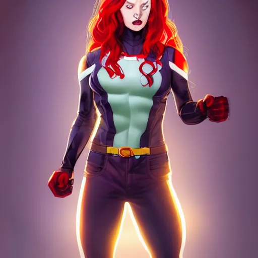Prompt: Rogue x-men marvel, Lilo Reinhart, smile, long red hair, white streak in hair, realistic character concept, full body shot, cute fun pose, comic book, illustration, symmetrical face and body, artstation, cinematic lighting, hyperdetailed, cgsociety, 8k, high resolution, Charlie Bowater, Tom Bagshaw, single face, insanely detailed and intricate, beautiful
