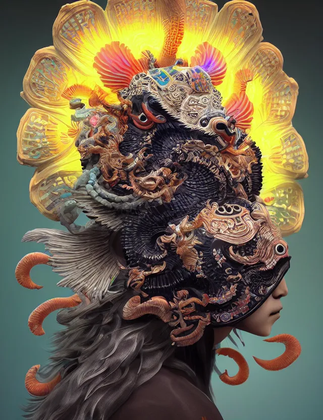 Image similar to 3 d goddess close - up frontal portrait with ram skull. beautiful intricately detailed japanese crow kitsune mask and clasical japanese kimono. betta fish, jellyfish phoenix, bio luminescent, plasma, ice, water, wind, creature, artwork by tooth wu and wlop and beeple and greg rutkowski