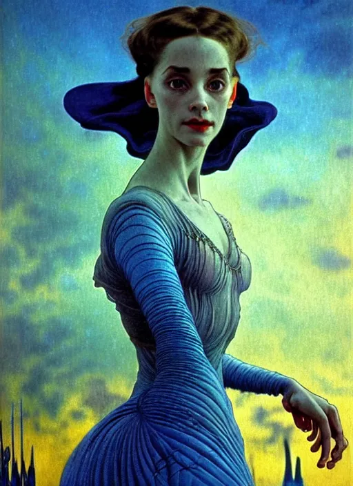 Image similar to realistic detailed portrait movie shot of a prima ballerina wearing a dark robes, sci fi city landscape background by denis villeneuve, amano, yves tanguy, alphonse mucha, ernst haeckel, max ernst, roger dean, masterpiece, rich moody colours, dog teeth, blue eyes, sunset