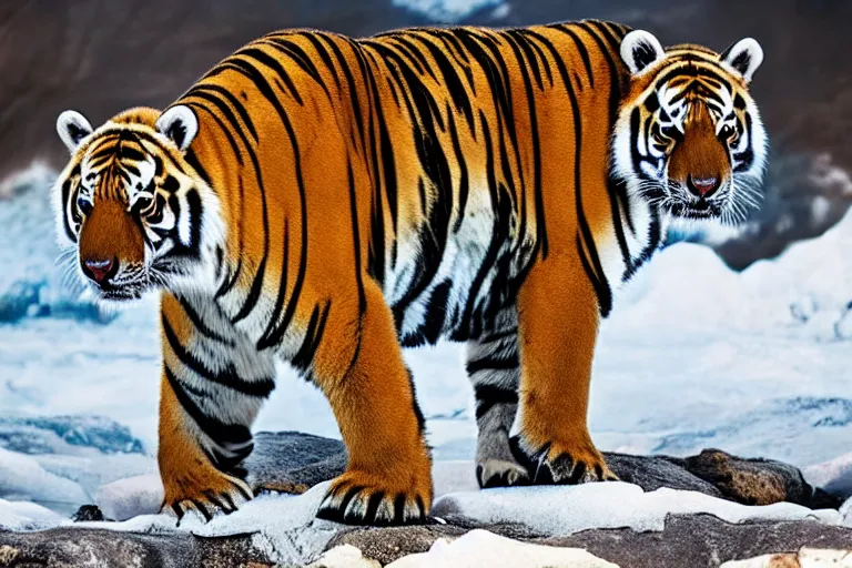 Image similar to a tiger polar bear!!! hybrid! hyper realistic!! realistic lighting!! wildlife photographer of the year!!! bold natural colors, national geographic, hd, wide angle, 8 k