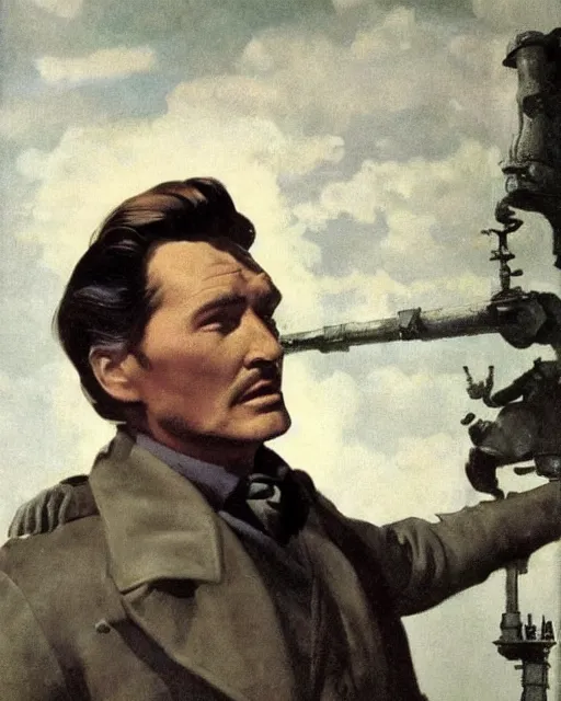 Image similar to Errol Flynn as a scientist. 1980s dystopian Soviet Russia, propaganda screens. Unreal engine, fantasy art by Greg Rutkowski, Gustave Courbet, Rosa Bonheur, Edward Hopper, Ilya Yefimovich Repin, Jean-François Millet, Andrew Newell Wyeth. Faithfully depicted facial expression, perfect anatomy global illumination, radiant light, detailed and intricate environment