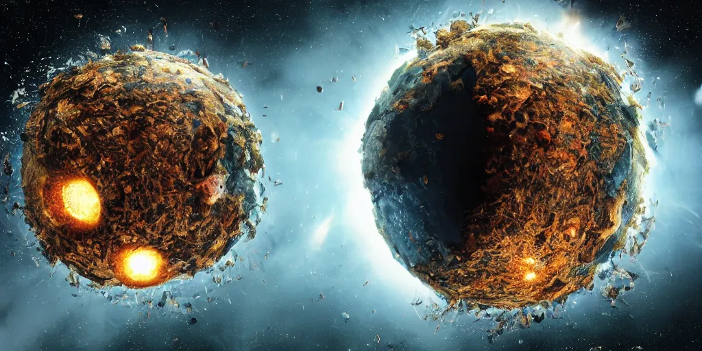 Image similar to shot from a distance of 2 5 0 million miles. a highly accurate depiction of earth slowly broken open, exploding, and pieces are floating apart. the earth is being held by the claws of unbelievably huge space florida crab descendants. dramatic lighting, highly coherent, highly detailed, epic, digital art, valerian, silent running, fifth element, octane 3 d render.