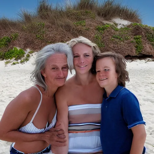 Image similar to portrait of a happy family at the beach, photo by annie leibovitz, realistic, smooth face, perfect eyes, wide angle, sharp focus, 8 k high definition