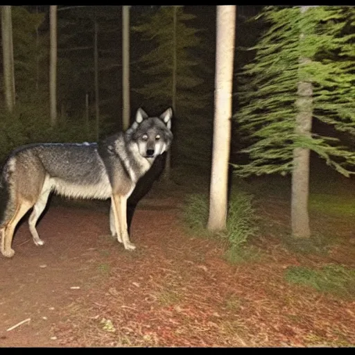 Image similar to trailcam footage of humongous wolf at night