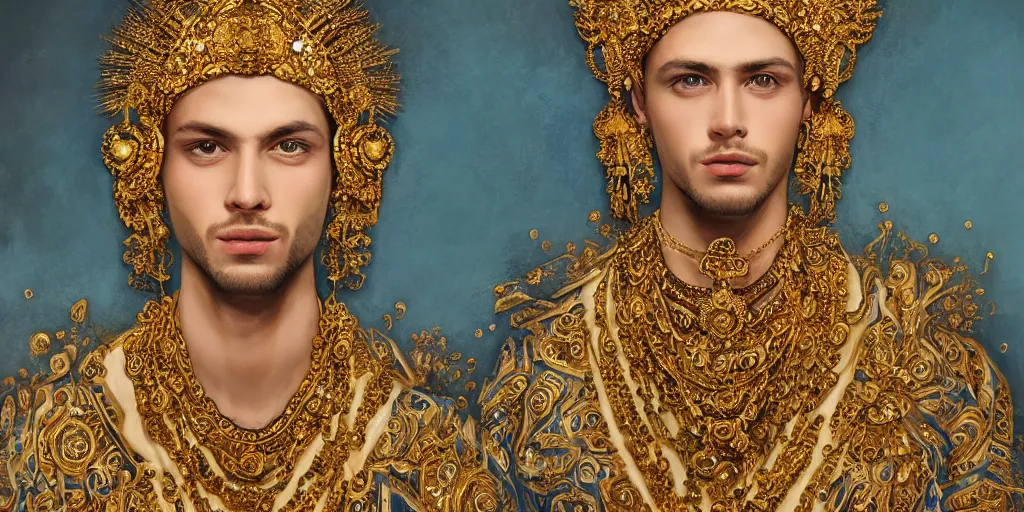 Prompt: dramatic studio portrait of a beautiful flawless symmetrical man wearing intricate otherworldly gold and white jewelry and wearing an ornate elegant gold headdress, hyper realism, very detailed