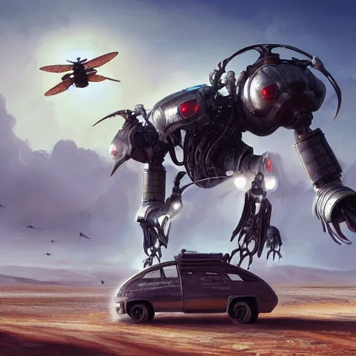 Image similar to giant horsefly robot monster attacking a silver school bus in the desert, ultra detailed, 8 k, greg rutkowski, artgerm, trending on artstation, award - winning art,