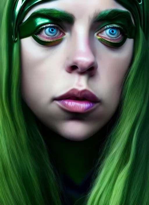 Image similar to Billie Eilish as Female Loki, Goddess of Mischief, sci fi, elegant, olive skin color, hyper realistic, hyper detail, very detailed, digital art, trending on artstation, smooth render, 8k octane render,