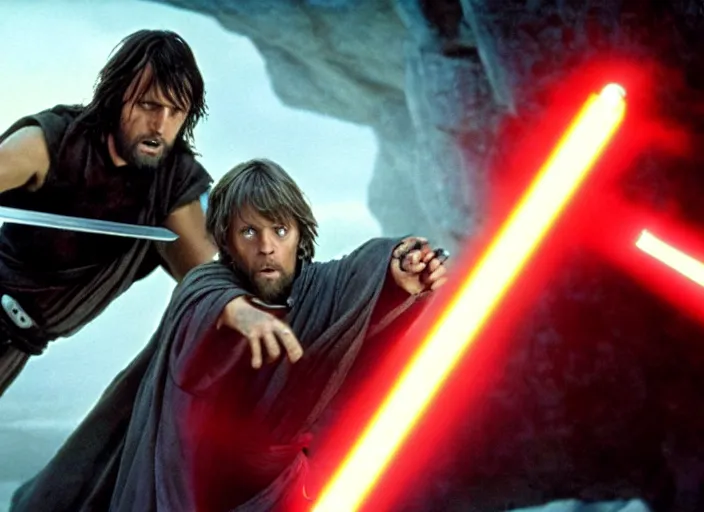 Image similar to Brutal combat Aragorn vs Luke Skywalker. Film still. Aragorn on the left side and Luke Skywalker with red light saber on the right side in the middle earth near broken X-wing ship, high detail