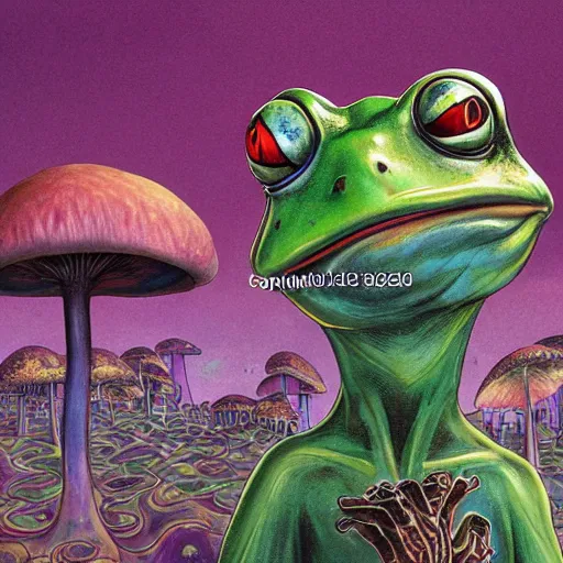 Image similar to A centered chest up portrait of a psychedelic godlike anthropomorphic frog smoking a hand-rolled cigarette , magic mushroom village in background . award winning. superb resolution. in the art style of junji Ito and greg rutkowski . Detailed Mushroom city in background. Hyper realistic anime. Perfect art. Dalle2