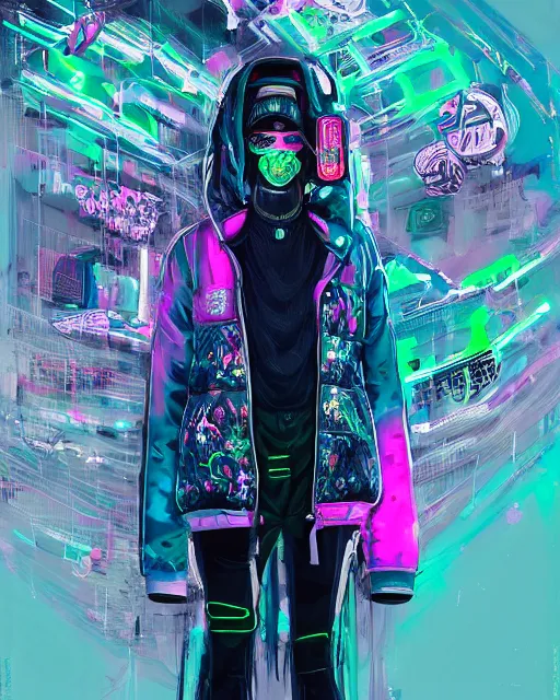 Image similar to detailed portrait Neon Operator Girl, cyberpunk futuristic neon, reflective puffer jacket, black leggings, decorated with traditional Japanese ornaments by Ismail inceoglu dragan bibin hans thoma !dream detailed portrait Neon Operator Girl, cyberpunk futuristic neon, reflective puffy coat, decorated with traditional Japanese ornaments by Ismail inceoglu dragan bibin hans thoma greg rutkowski Alexandros Pyromallis Nekro Rene Maritte Illustrated, Perfect face, fine details, realistic shaded, fine-face, pretty face