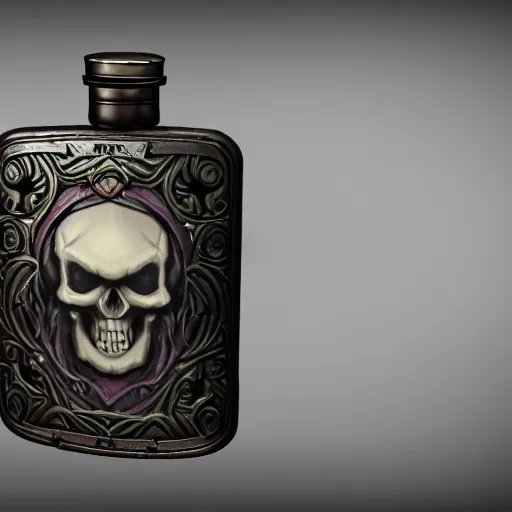 Prompt: ancient flask contains life and death essence, skull cap, colored concept art, raytracing