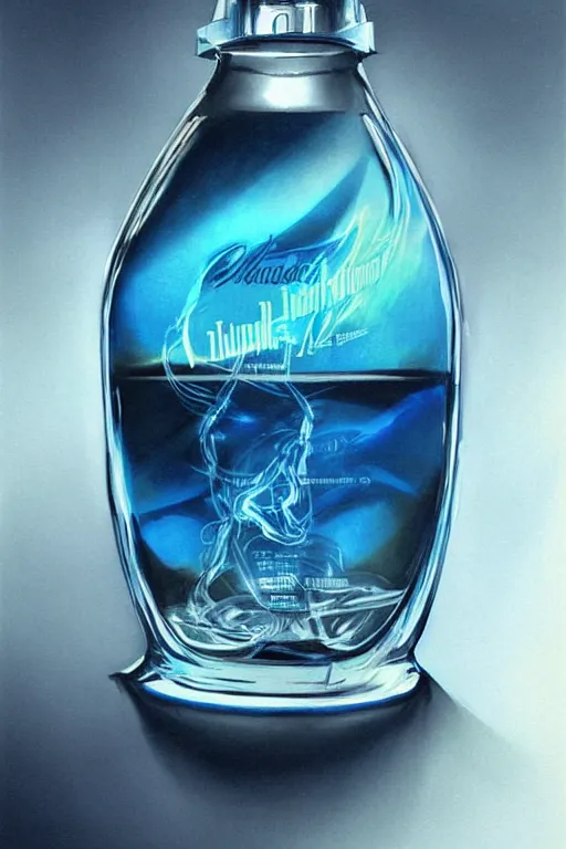 Prompt: concept art of a audemars piguet blue iridescent liquid dietary supplement in a transparent bottle with big black sticker on it by aenaluck, artgerm and roberto ferri and greg rutkowski, blue and white tones, digital painting, artstation, concept art, smooth, sharp foccus ilustration hq