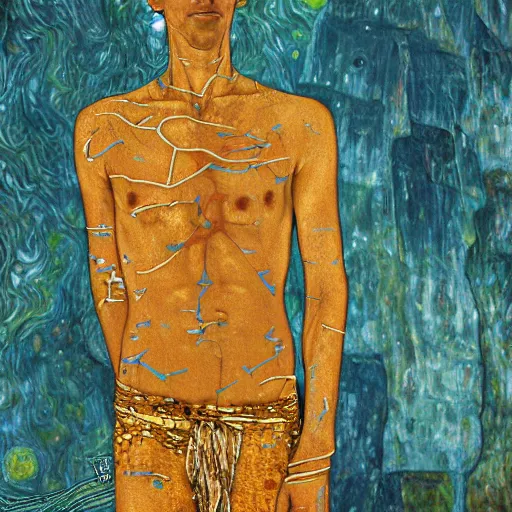 Prompt: a long shot portrait of tall, slender 20 year old man with golden cracks and scars on his arms and chest, standing atop a mountain, sci-fi, digital art, klimt, kintsugi, sharp-jaw, long brown hair, long-arms