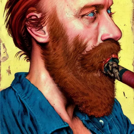 Image similar to portrait of a young man, long red beard, mid length red hair, receding hairline, wearing a punk rock t shirt, smoking a cigarette, painted by John dyer baizley and Norman Rockwell and Aaron horkey
