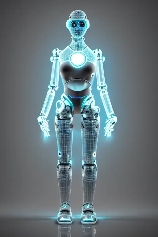 Image similar to a stunning robot woman with cybernetic enhancements, wires, led lights, glowing lights, futuristic, 3 d render