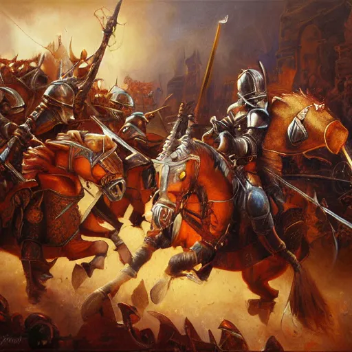 Image similar to knights fighting, oil painting by justin gerard, deviantart