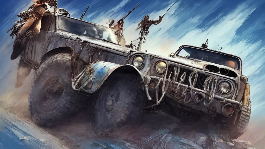 Image similar to digital illustration of mad max's fj 4 0 pursuit special riding fury road eternal shiny and chrome, world of fire and blood, the last v 8 interceptor driving down to the gates of valhalla highway, anime style, year 2 0 9 3, by makoto shinkai, ilya kuvshinov, lois van baarle, rossdraws, basquiat