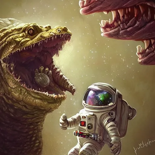 Prompt: a cute happy crocodile astronaut with a long mouth, dressed in a white spacesuit, open happy mouth, smiling, beautiful, dnd character art portrait, matte fantasy painting, deviantart artstation, by jason felix by steve argyle by tyler jacobson by peter mohrbacher, cinematic lighting