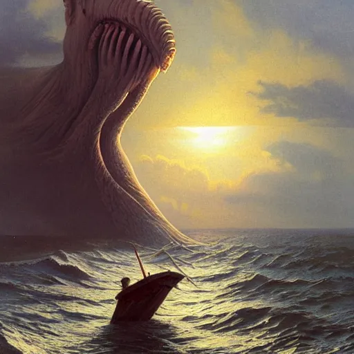 Image similar to an enormous eldritch sea monster peaking it's gigantic head out of the ocean in front of a tiny lifeboat with two children. detailed. photo realistic. masterpiece. john charles dollman. rhads. tianhua xu.